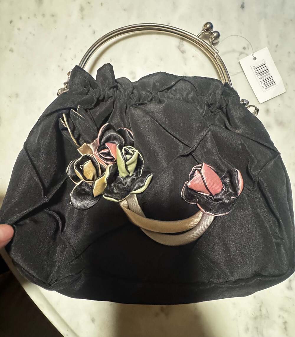 Black Satin Evening Bag with Fabric Flower Accents and Metal Handle